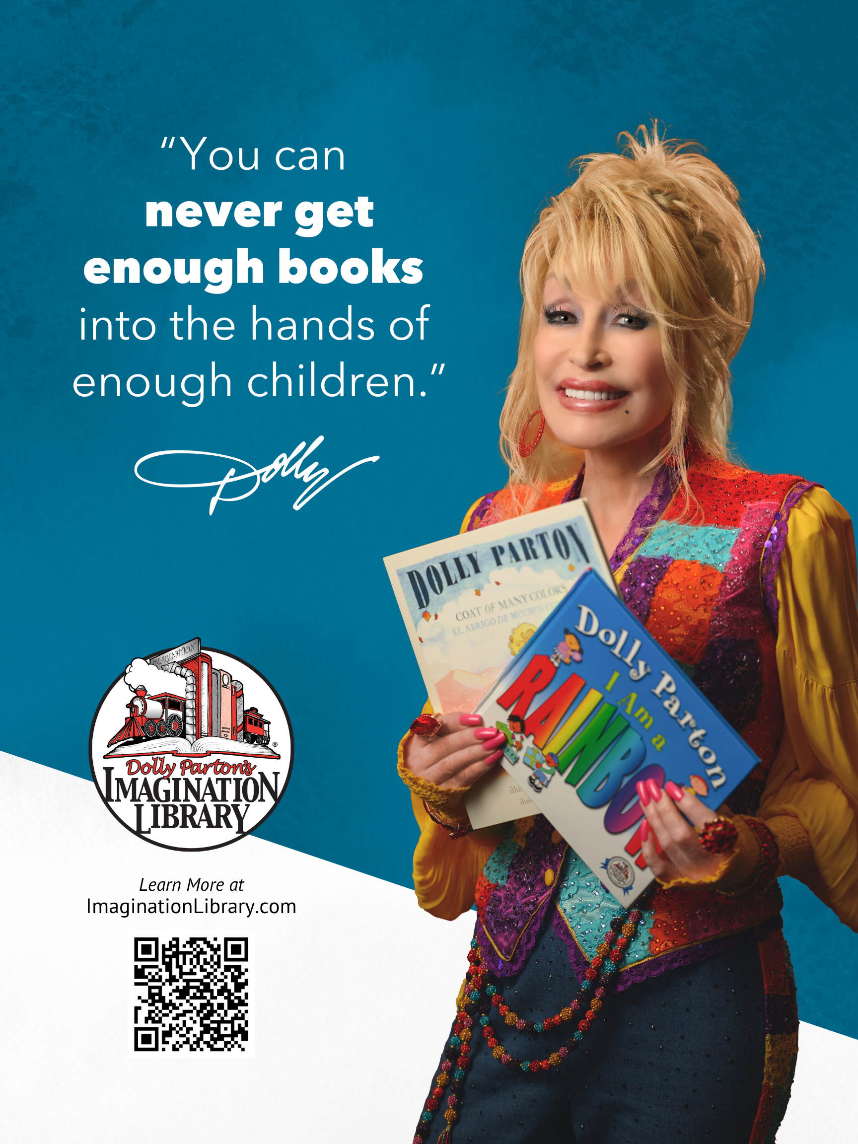 Dolly Parton holding children's books beside her quote about books in the hands of children.